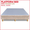 Platform Bed With Wooden Leg, Beige Suede