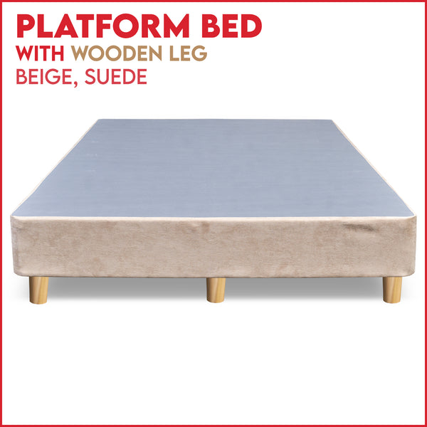 Platform Bed With Wooden Leg, Beige Suede