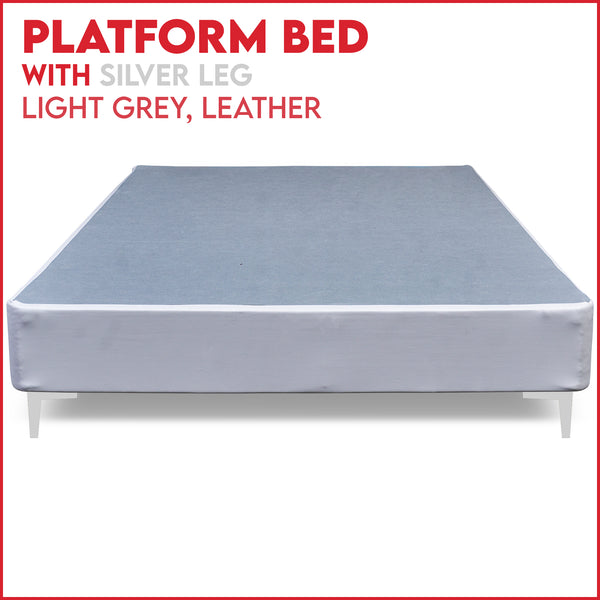 Platform Bed With Silver Leg, Light Grey Leather