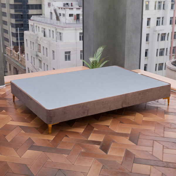 Platform Bed With Gold Leg, Brown Suede