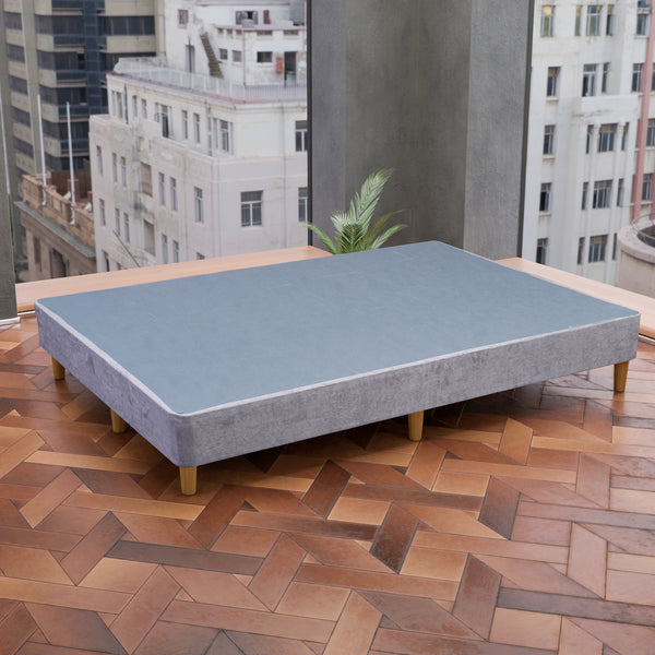 Platform Bed With Wooden Leg, Grey Suede