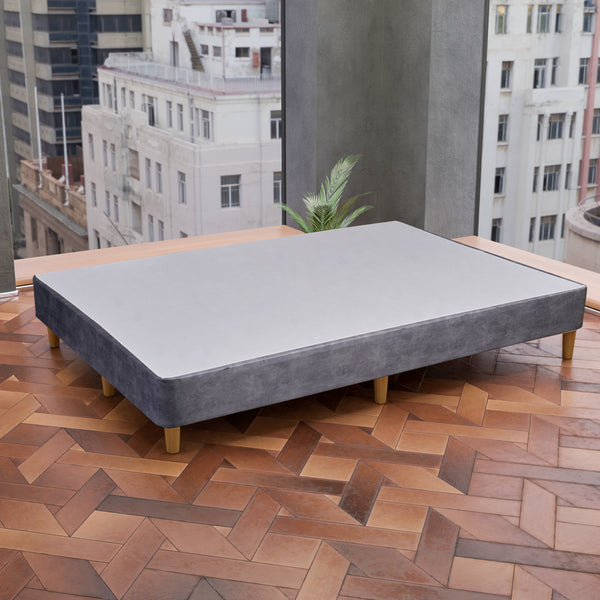 Platform Bed With Wooden Leg, Grey Microfiber