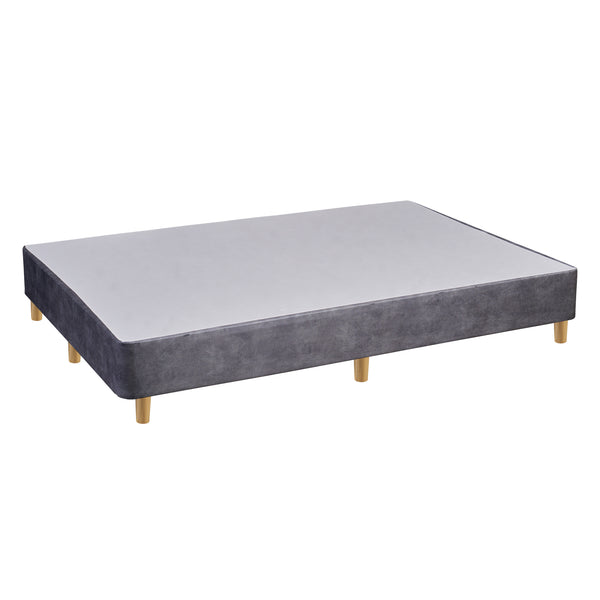 Platform Bed With Wooden Leg, Grey Microfiber